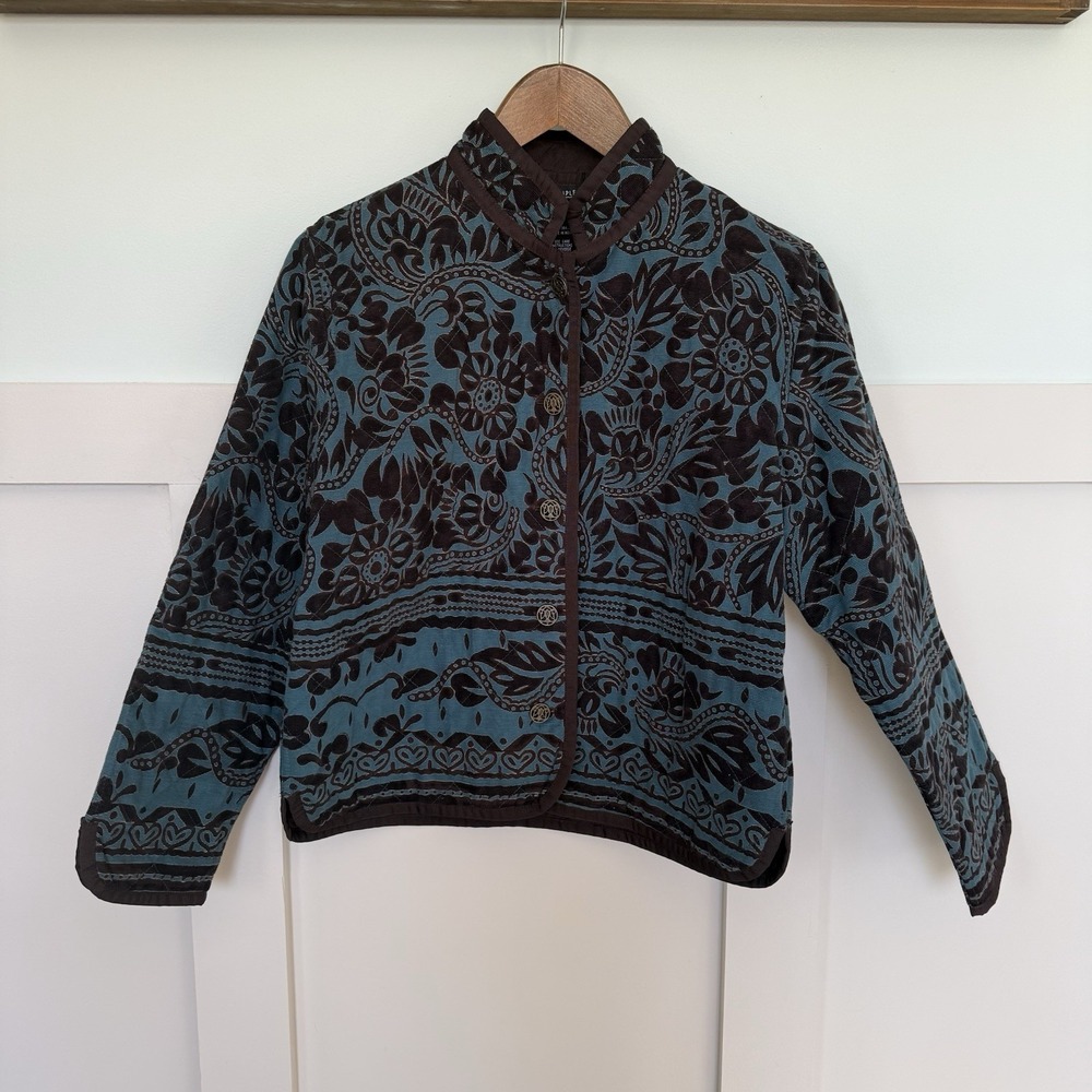Multiples Quilted Jacket Women's Medium  Teal‎ Brown 100% Cotton Buttons Career